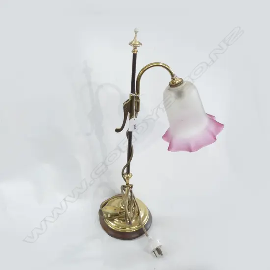 BRASS LAMP w. PINK FLARED GLASS SHADE H.550mm