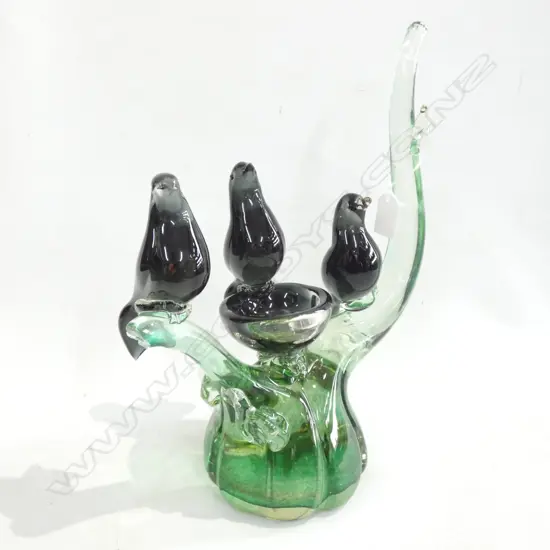 LG HEAVY ART GLASS SCULPTURE; 3 BIRDS ON A BRANCH. A/F H. 345 L 265MM