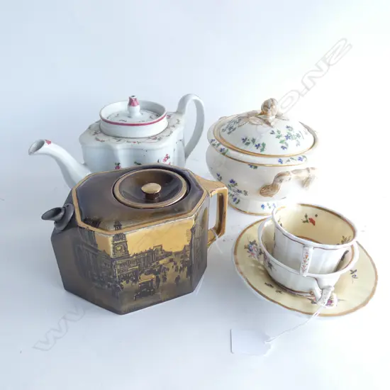 2 TEAPOTS; RIDGWAY & REGENCY + DENBY LIDDED BOWL & COALPORT C/S TRIO