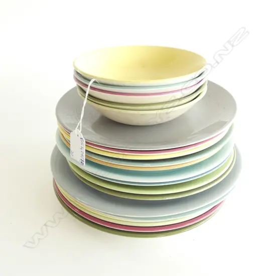 15 PLATES MOSTLY CROWN LYNN COLOURGLAZE 250mm dia + 5 CEREAL BOWLS...