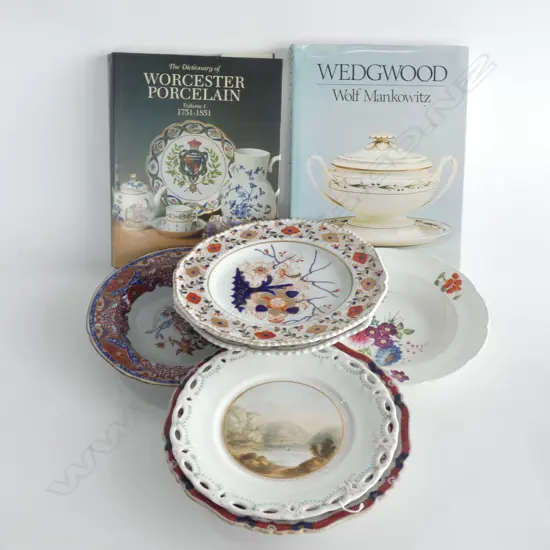 6 18thC PLATES; DENBY, SPODE ETC + 2 BOOKS ON WORCESTER & WEDGWOOD
