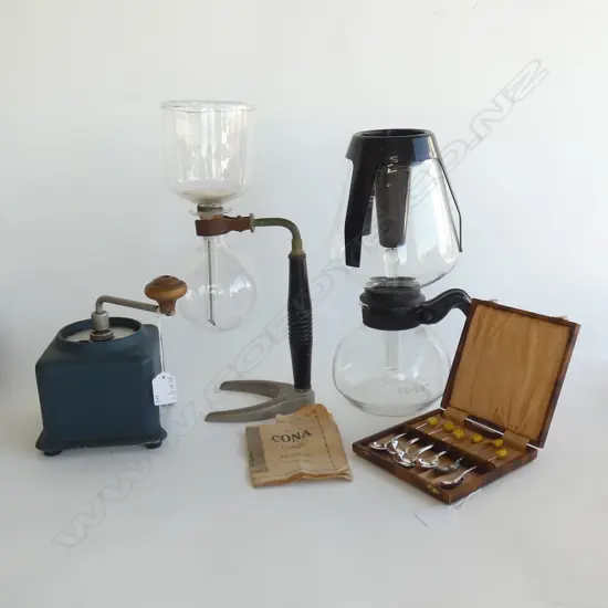 2 CONA COFFEE MAKERS + A GRINDER & CASED SET 6 COFFEE SPOONS