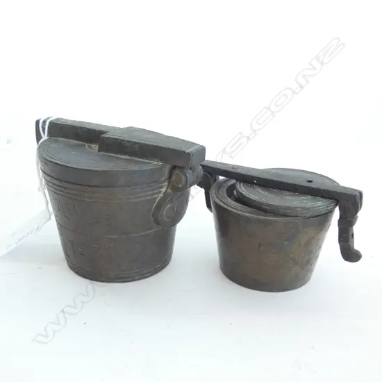 2 PART SETS OF 19thC BRONZE BUCKET WEIGHTS, WITH HINGED OUTER CASES