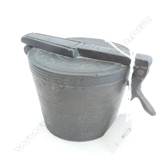 PART SET OF 19thC BRONZE BUCKET WEIGHTS, THE OUTER CASE w NUMEROUS INSPECTOR'S STAMPS