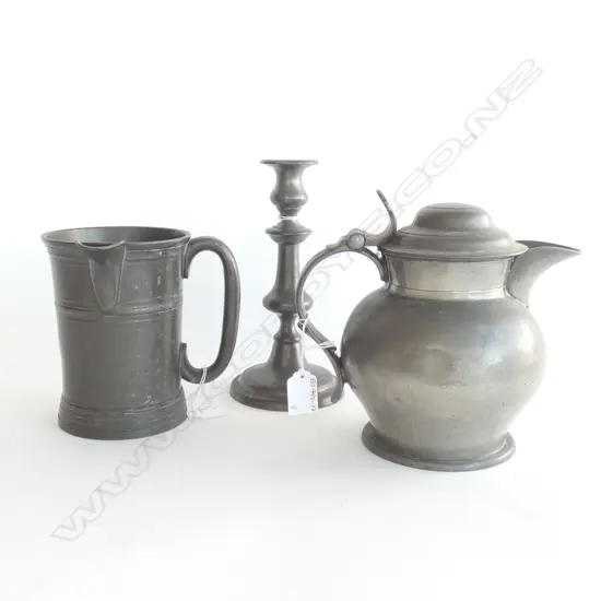 ANTIQUEPEWTER LARGE BEER JUG AND SPOUTED MUG AND CANDLESTICK