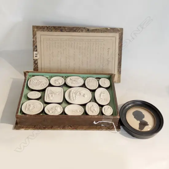 BOX OF CAMEOS AS AN OLD BOOK + SIGNED CUT PAPER SILHOUETTE PORTRAIT 115mm dia