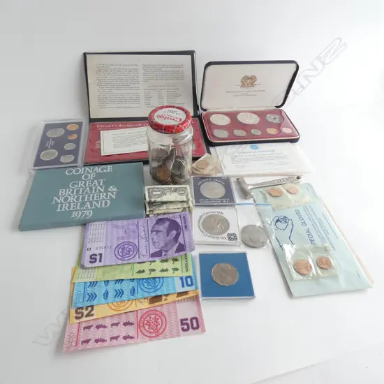 BOX OF ASST. NOTES & COINS ETC
