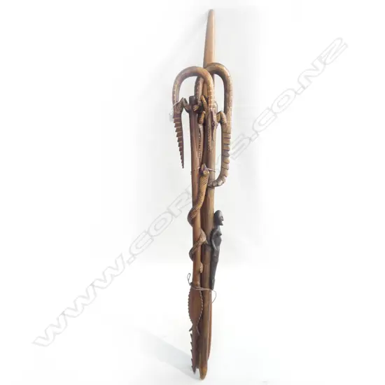 3 CARVED WOODEN PCES; 2 PNG WALKING STICKS ETC 1AF