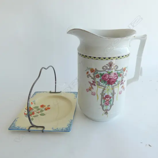 LG OLD PORCELAIN WATER JUG (H 295MM) + ART DECO ROYAL STAFFORDSHIRE 'BIARRITZ PLATE WITH METAL HANDLE (190 X 230MM)