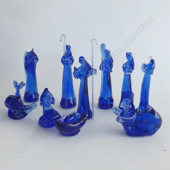 11 PCE BLUE GLASS NATIVITY SET