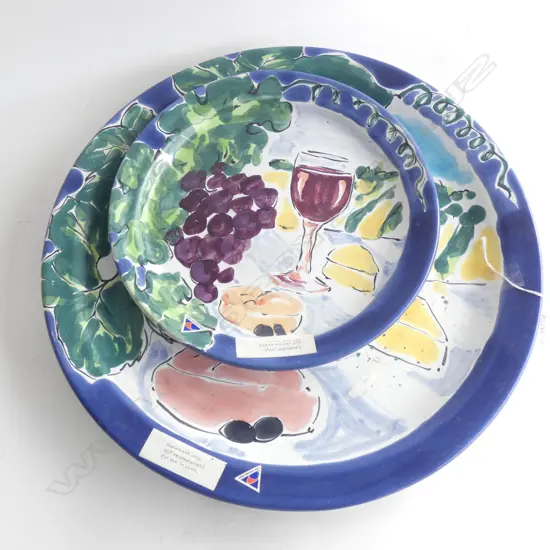 PR GRADUATED MORRIS & JAMES POTTERY GRAPE PATTERN PLATES; DIA 310 & 465MM C1980'S