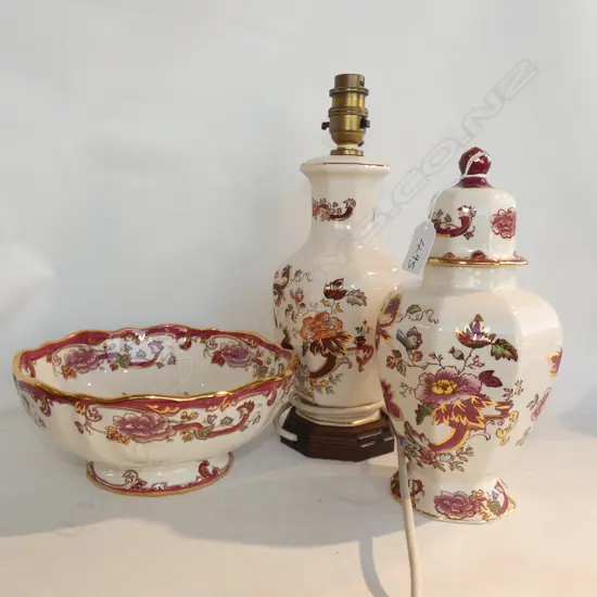 3 PCS MASONS IRONSTONE,LAMP, LIDDED VASE & BOWL, RED MANDERLAY PATTERN