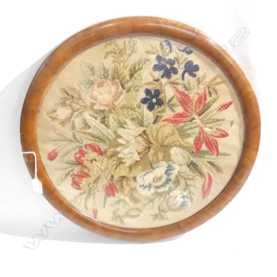 VINTAGE FRAMED FLORAL EMBROIDERY 485mm dia