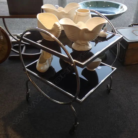 ART DECO BLACK GLASS & CHROME TEA TROLLEY L.585mm