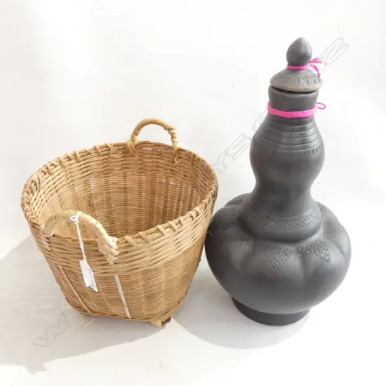 INDIAN LIDDED BOTTLE & CANE BASKET 