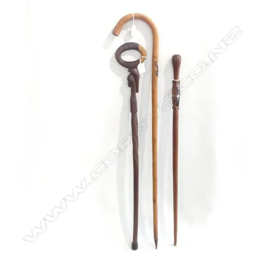 3 OLD WOODEN WALKING STICKS; CARVED / BAMBOO & INLAID 