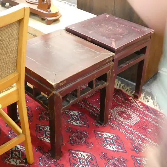 CHINESE PR RED LACQUER SQUARE SIDE TABLES