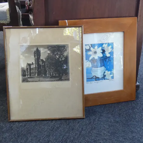 GEORGE CHANCE 'UNIVERSITY OF OTAGO' PHOTOGRAPH 160x210mm + BLUE JUG w. SUNFLOWERS