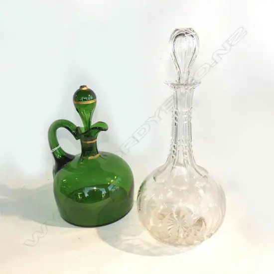 2 VICTORIAN DECANTERS; GREEN BRISTOL & FERN ETCHED 300mm