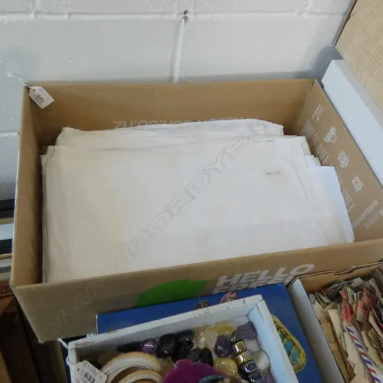 BOX LOT WHITE LINEN TABLECLOTHS ETC