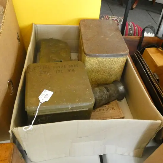 BOX OLD TINS ETC 