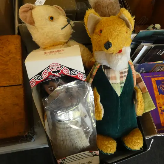 BOX LOT PEDIGREE TEDDY BEAR, FOX, MAORI DOLL ETC