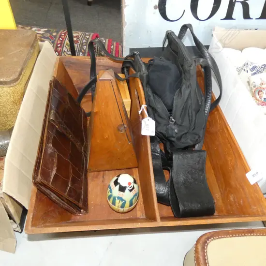 WOODEN CUTLERY TRAY + ASST. CONTENTS; PURSE, PRADA BAG ETC...