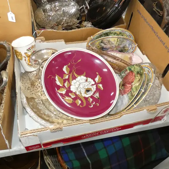 BOX LOT ASST CHINA, EP, CRYSTAL, R. DOULTON COLLECTORS PLATES ETC