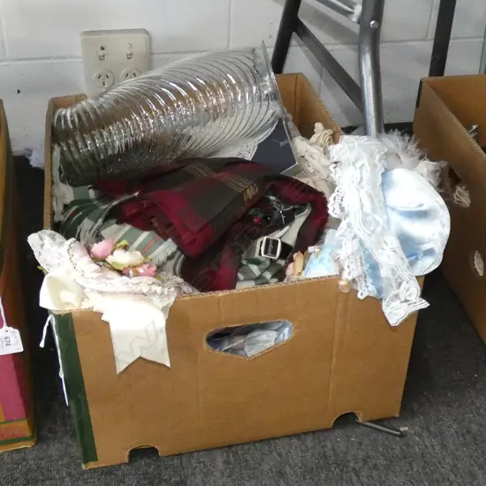 BOX LOT HILLVIEW LANE DOLLS, 2 KILT SKIRTS w. MATCHING SCARFS, LINENS ETC