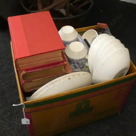 BOX LOT B/W CROWN LYNN WILLOW, JEWELLERY BAGS, 3 OLD BOOKS ETC