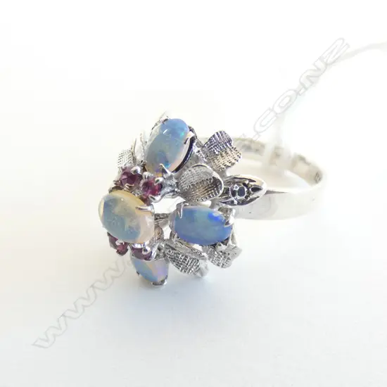 14CT WHITE GOLD OPAL AND RUBY PRINCESS RING