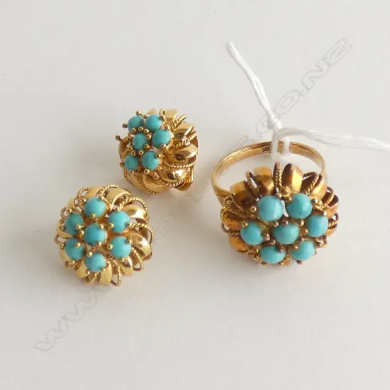 14CT YELLOW GOLD & TURQUOISE RING 5.3 GRAMS + EARRINGS