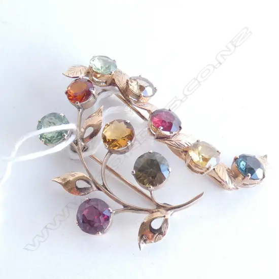 2 9CT GOLD & COLOURED STONES BROOCHES 11 GRAMS