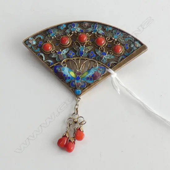 VINTAGE SILVER GILT RED CORAL & ENAMEL FAN BROOCH