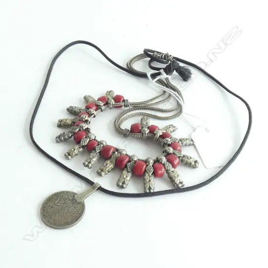 TRIBAL SILVER & & RED BEAD NECKLACE + OLD COIN NECKLACE