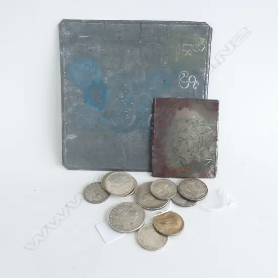 SM BAG COINS PLUS OLD LETTERING & FLOWER TEMPLATE APPROX 100 YRS OLD