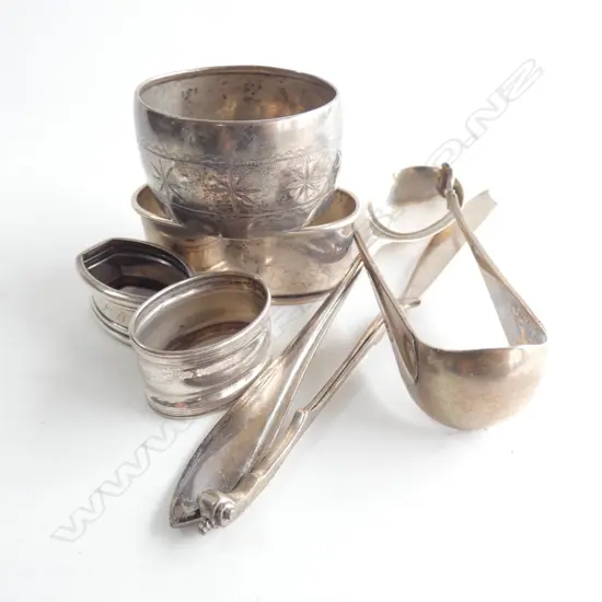 DUTCH SILVER. 4 NAPKIN RINGS + 3 UTENSILS...