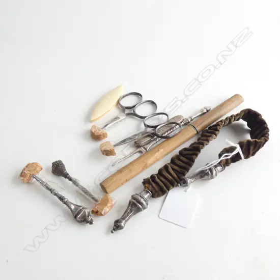 ANTIQUE SEWING ITEMS + MINI JAPANESE SWORD LETTER OPENER ETC