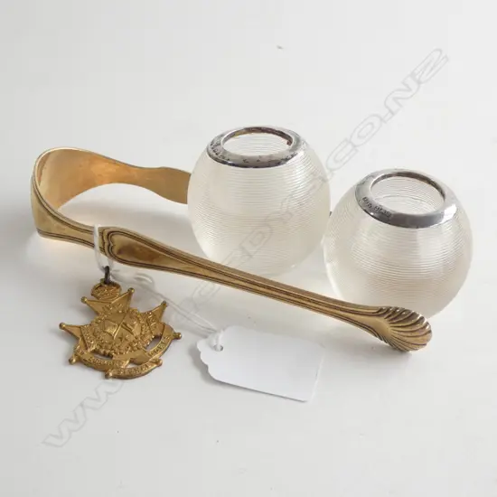 PR STG SILVER RIMMED MATCH STRIKERS, FRENCH SILVER GILT TONGS (53 GRAMS) + WWI MEDAL