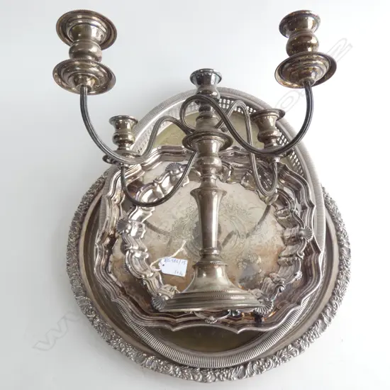 4 SILVER PLATE TRAYS; REPRO SHEFFIELD PLATE + OSP CANDELABRA
