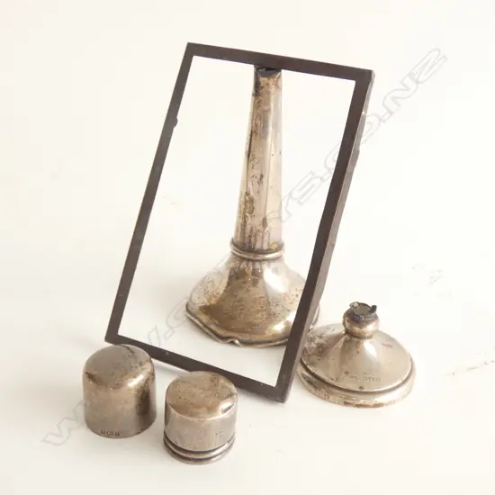 STG SILVER; 2 SM TROPHIES C1900 H77MM / MUSTARD POT W BLUE GLASS LINING & SALT SHAKER H.100MM