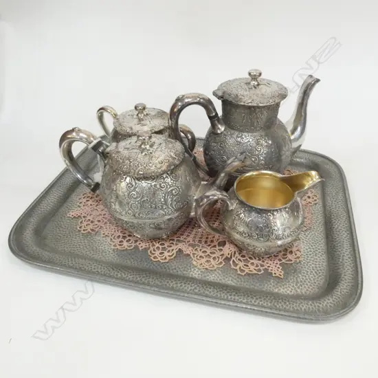 4 PCE SILVER PLATE TEA SET + PEWTER TRAY