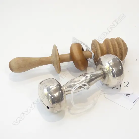 SILVER BABY RATTLE DUMBBELL AND TURNED WOOD BABY RATTLE
