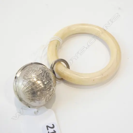 SILVER BABY RATTLE GLOBE WITH IVORINE RING