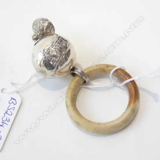 SILVER BABY RATTLE (BALL) 1 BELL WITH IVORINE RING