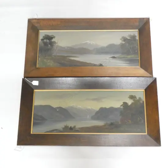 2 PAUL WREN COLONIAL LANDSCAPE OILS; 'LAKE MANAPOURI' & 'LAKE ADA' 230x590mm IN ORIG. OAK FRAMES 
