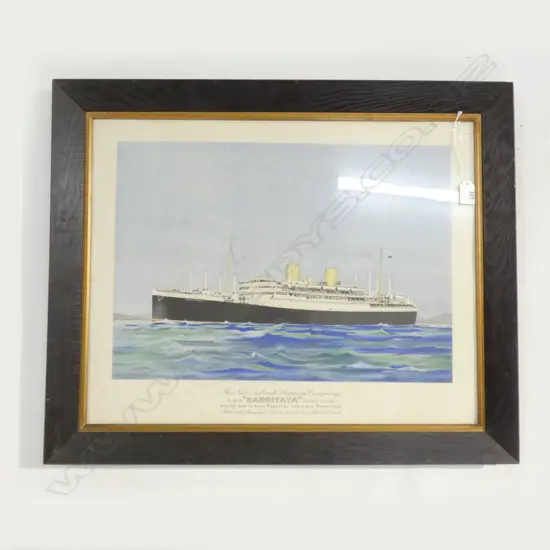 COLOURED LITHOGRAPH OF NZ SHIPPING CO. 'RANGITATA' OAK FRAME 560x690 overall