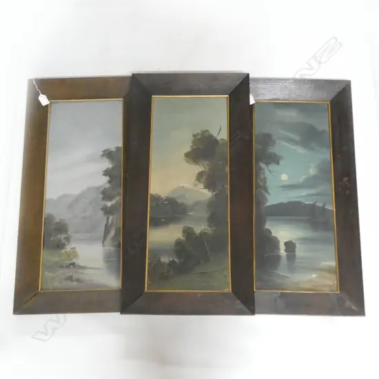 3 PAUL WREN COLONIAL LANDSCAPE OILS; 'GREY RIVER', 'RANGITOTO BY MOONLIGHT' & 'LAKE BRUNNER' 595x230mm