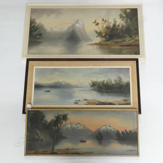 3 COLONIAL LANDSCAPE OILS BY H T GARRETT (DE RITZ) 'DIAMOND LAKE', 'LAKE TE ANAU' & 'MITRE PEAK' 330x710mm
