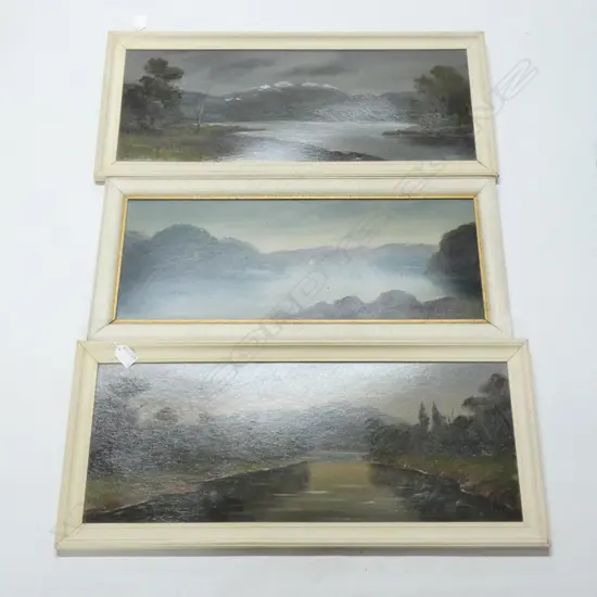 3 PAUL WREN COLONIAL LANDSCAPE OILS' LAKE ADA', 'WAIRAU RIVER' & 'PELORUS SOUND' 225x585mm